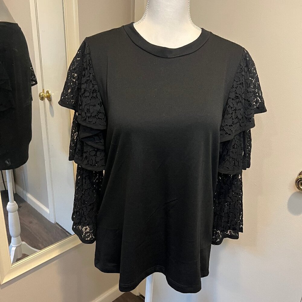 Pleione Black Lace Ruffle Sleeve Top